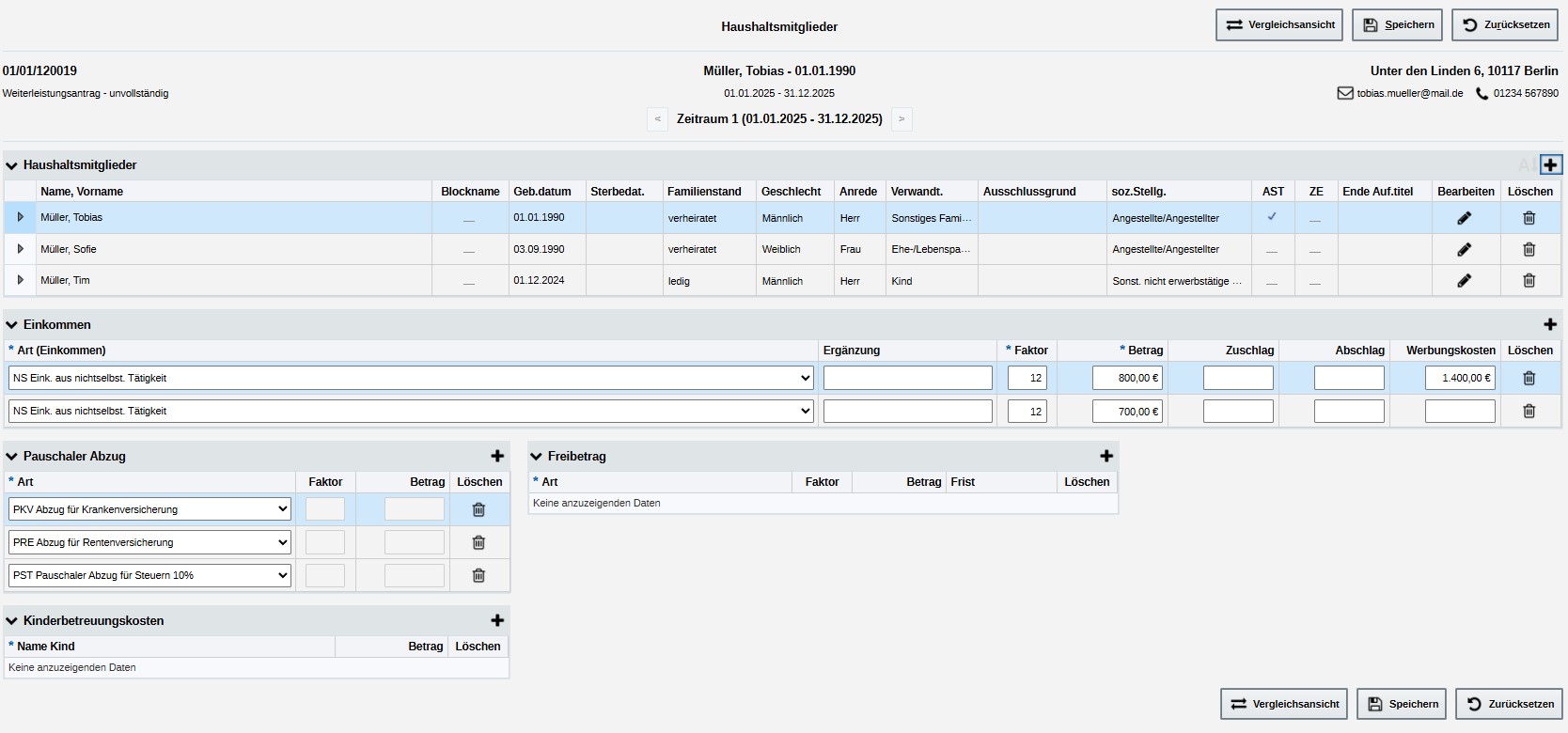 Screenshot Haushaltsmitglieder/Einkommen